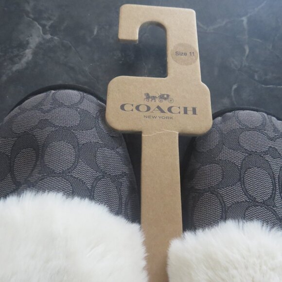 Coach Signature Jacquard Faux Fur Slippers – Black/Grey – Size 11 – New (B2) - Picture 6 of 7